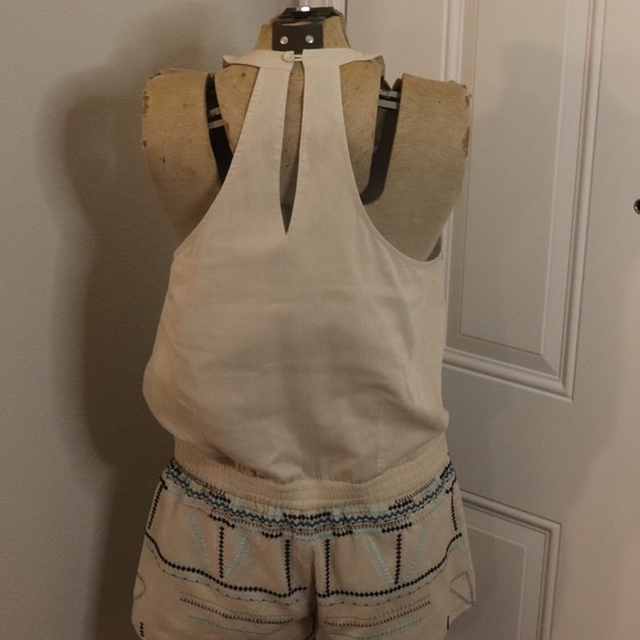 Chloe Oliver Cream 100% Cotton Blue Embroidery Halter Neckline Romper Shorts - Picture 7 of 15